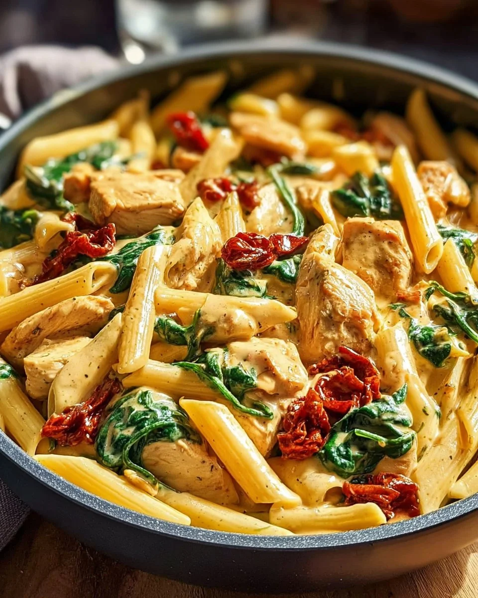 Delicious creamy Tuscan chicken pasta served with fresh ingredients.