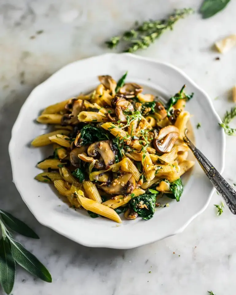 Creamy vegan pumpkin pasta served in a bowl with herbs