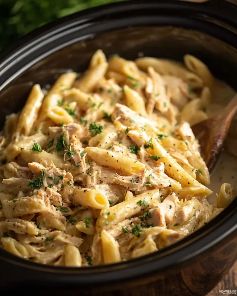 Crock Pot Creamy Cajun Chicken Pasta served in a bowl with herbs and spices.