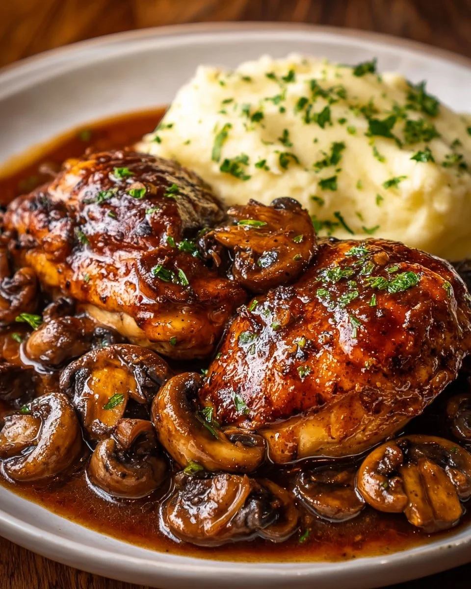 Crockpot Balsamic Chicken with Mushrooms dish served on a plate