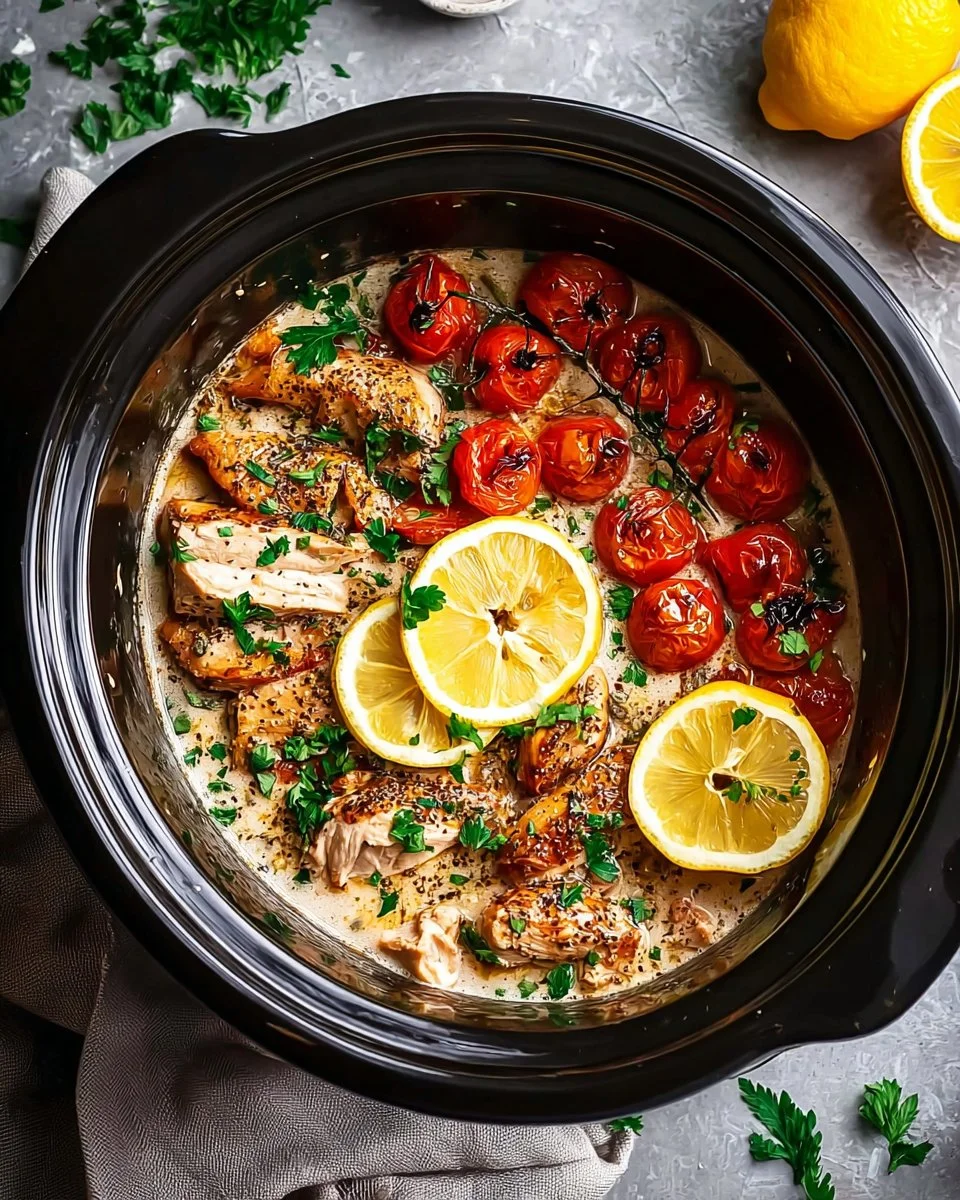 Crockpot Creamy Garlic Parmesan Chicken with fresh herbs and parmesan cheese