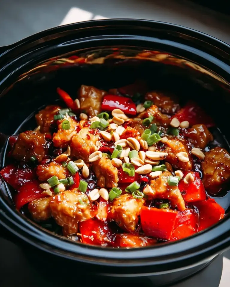 Crockpot Kung Pao Chicken with vibrant vegetables and peanuts in a savory sauce.
