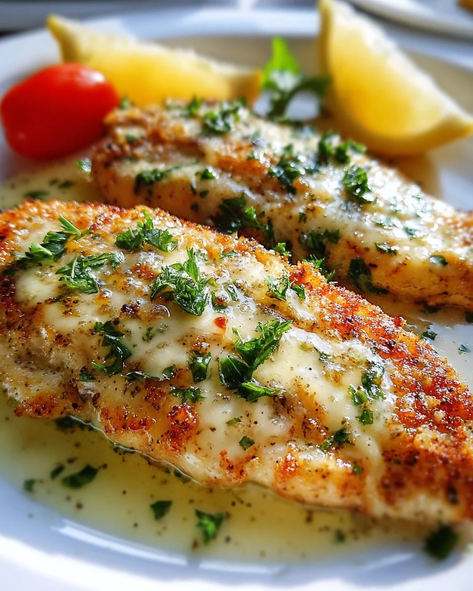 Delicious Crusted Chicken Romano served with a side of pasta and fresh herbs