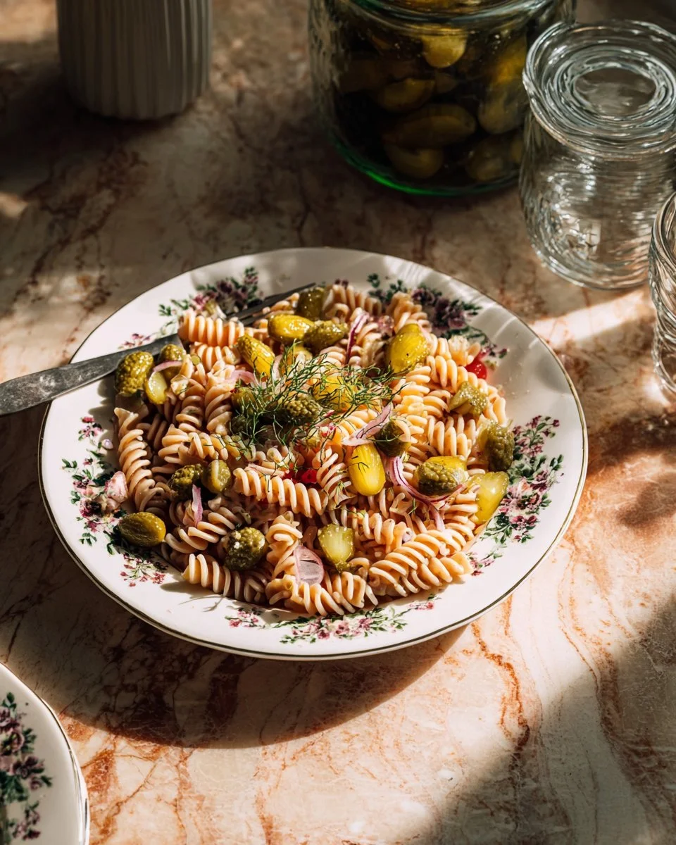 Delicious Dill Pickle Pasta Salad served in a bowl with fresh ingredients