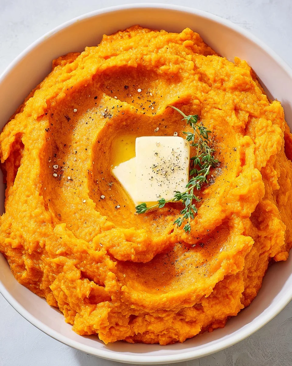 Bowl of creamy easy mashed sweet potatoes served on a dining table
