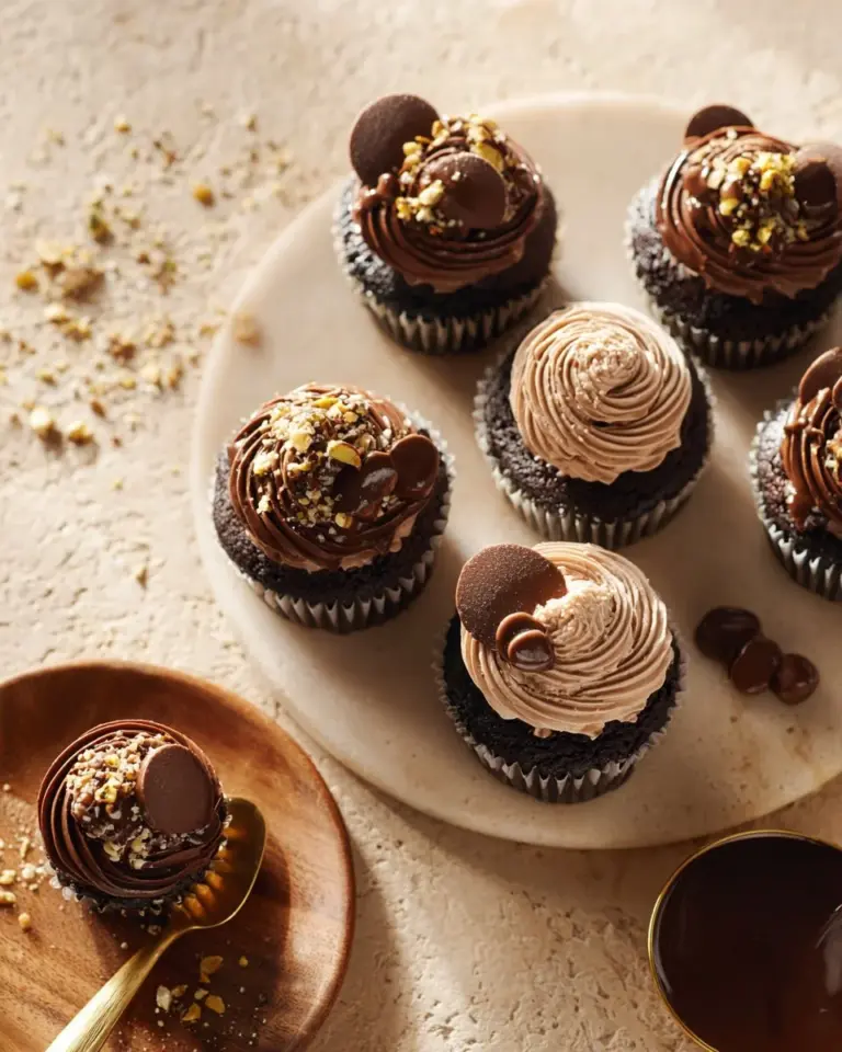 Delicious Ferrero Rocher cupcakes topped with chocolate and hazelnuts.