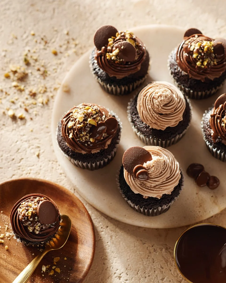 Delicious Ferrero Rocher cupcakes topped with chocolate and hazelnuts.