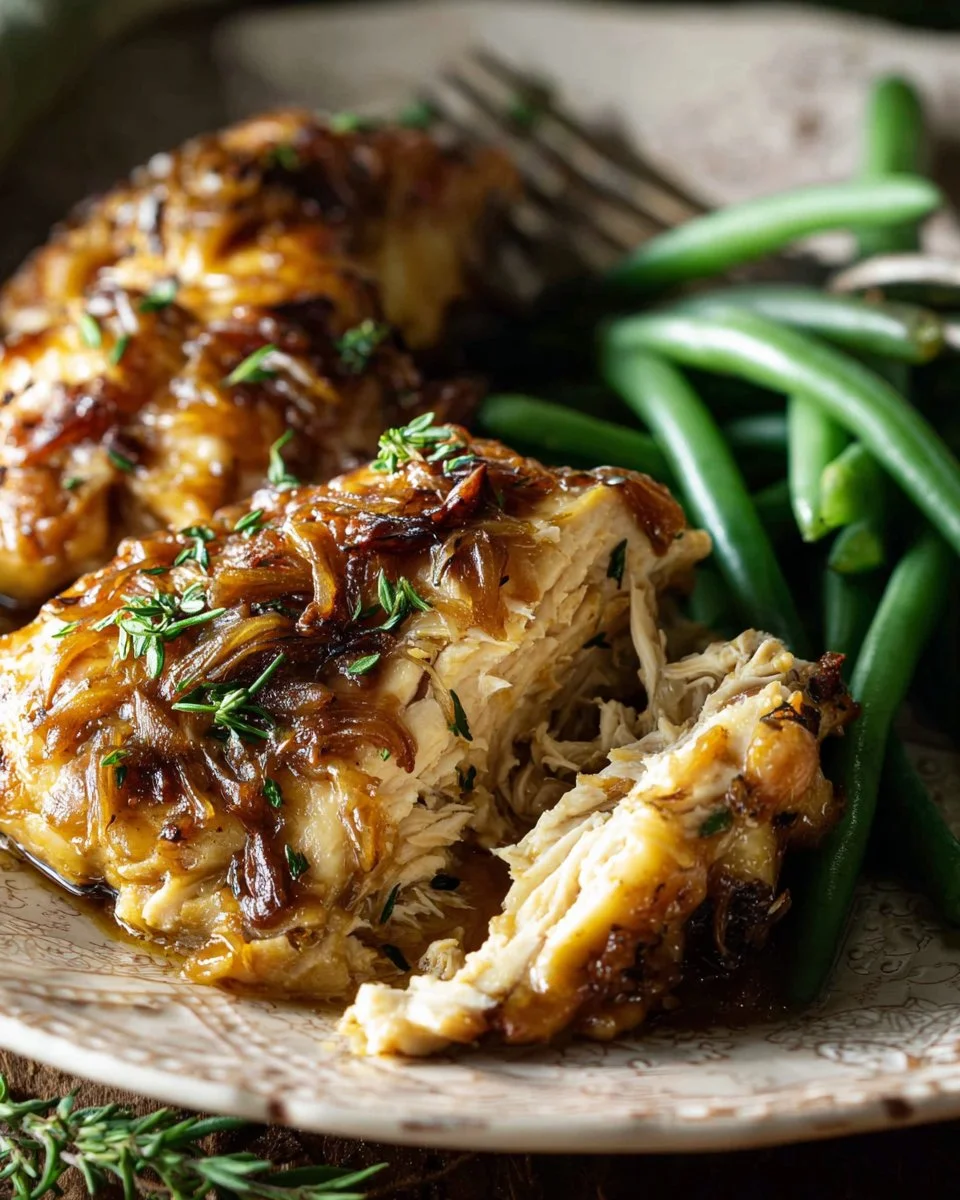 Baked French Onion Chicken topped with cheese and caramelized onions