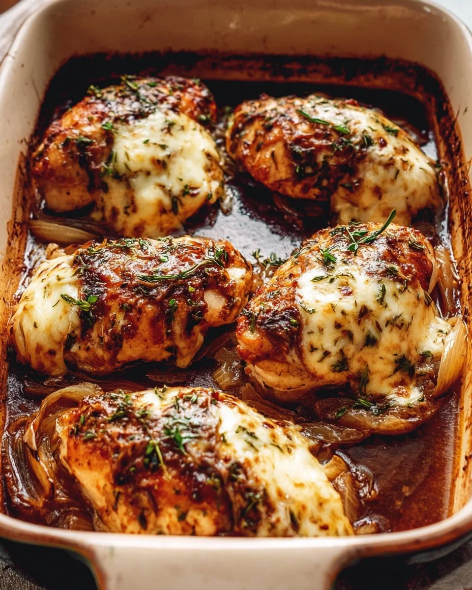 French onion stuffed chicken breast garnished with cheese and herbs
