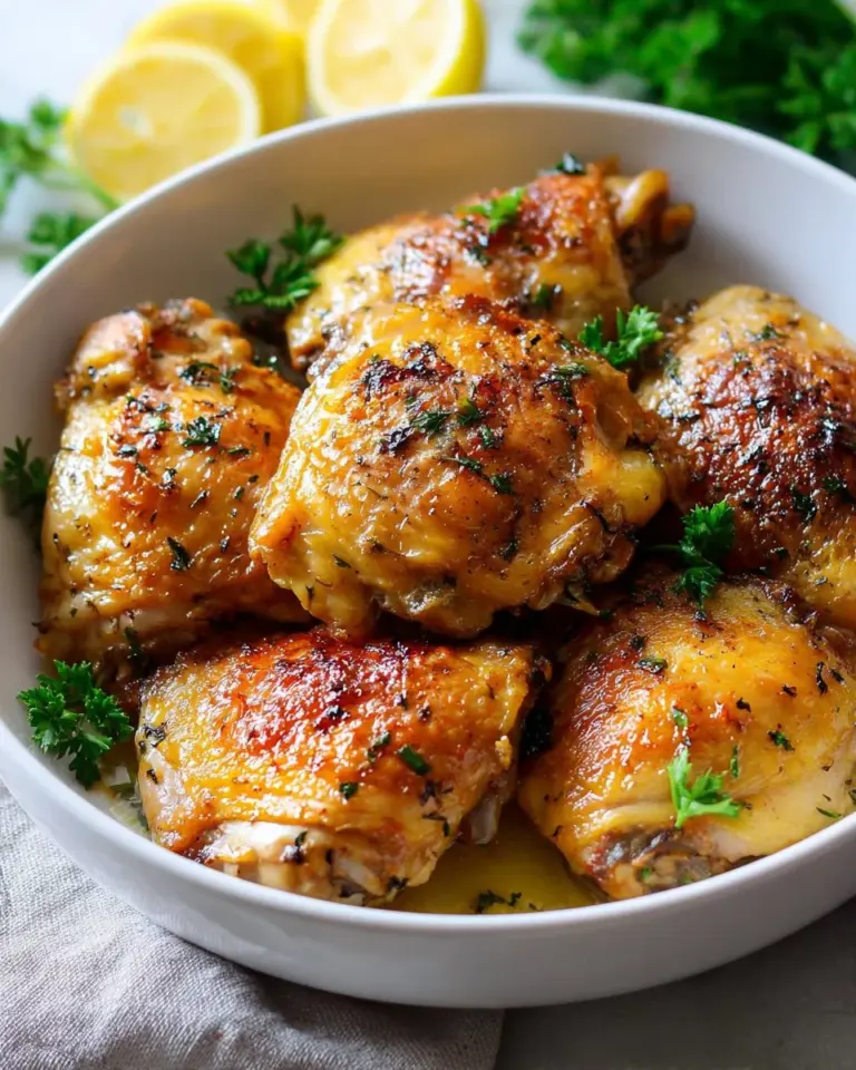 Garlic Lemon Chicken Thighs cooked and garnished with fresh herbs