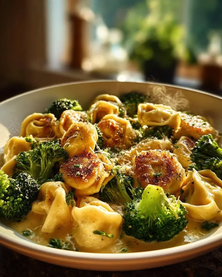 Delicious Garlic Parmesan Chicken Tortellini served with herbs and cheese