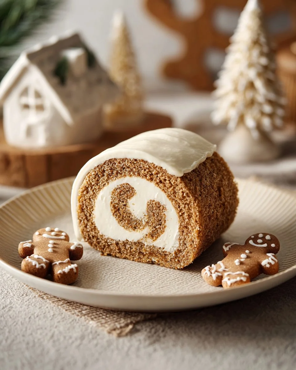 Delicious Gingerbread Roll Cake decorated with cream and festive toppings