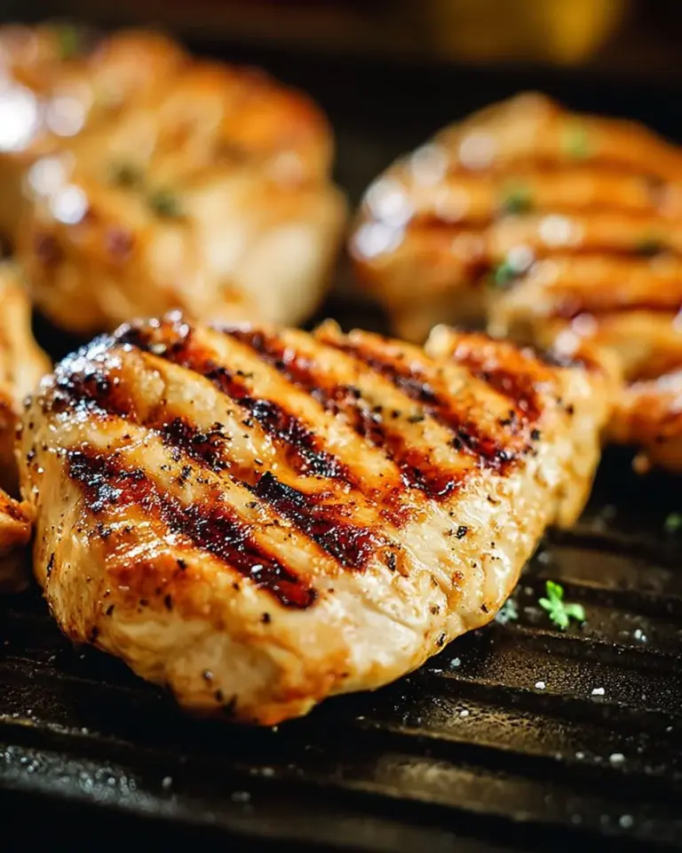 Plate of Greek marinated chicken garnished with herbs and lemon