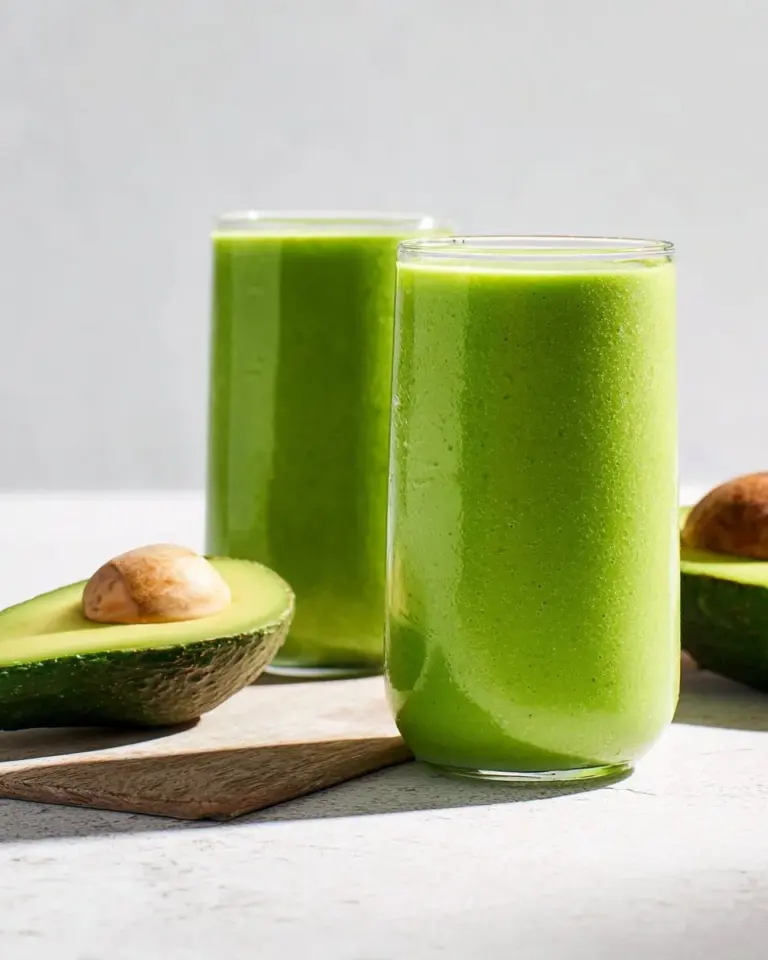 Green avocado spinach smoothie in a glass with fresh ingredients