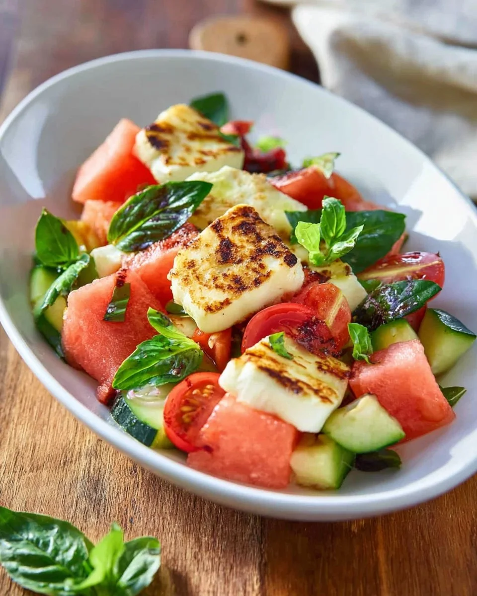 Delicious Grilled Halloumi Salad with fresh watermelon and greens
