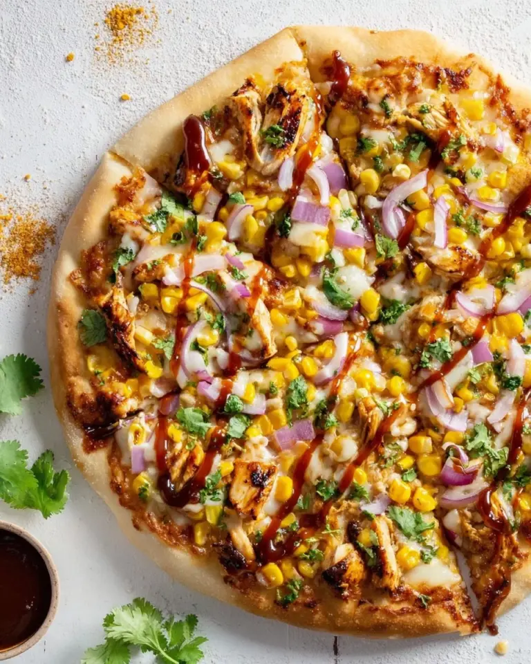 Delicious grilled summer BBQ chicken pizza with fresh toppings and BBQ sauce