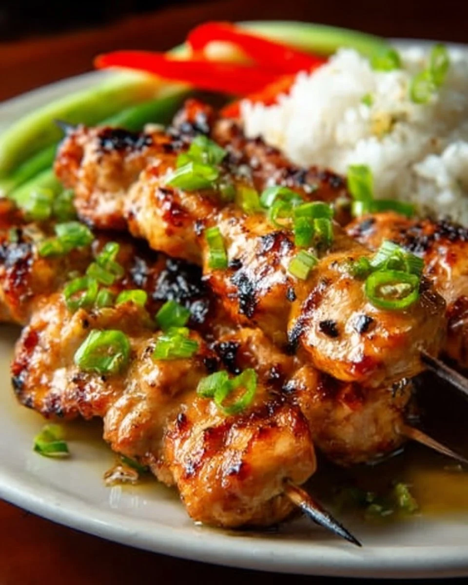 Plate of delicious grilled Vietnamese chicken served with herbs and dipping sauce.