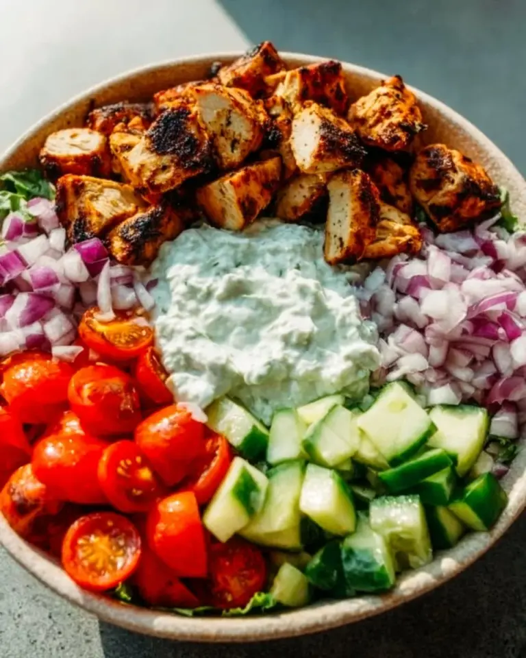 Delicious chicken gyro bowl with fresh vegetables and tzatziki sauce