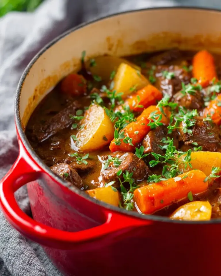 Hearty Dutch oven beef stew simmering with vegetables and herbs.