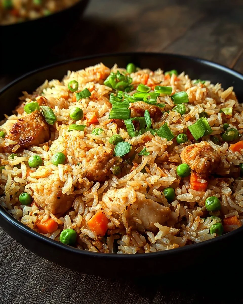 High protein crispy garlic chicken fried rice with fresh ingredients and spices
