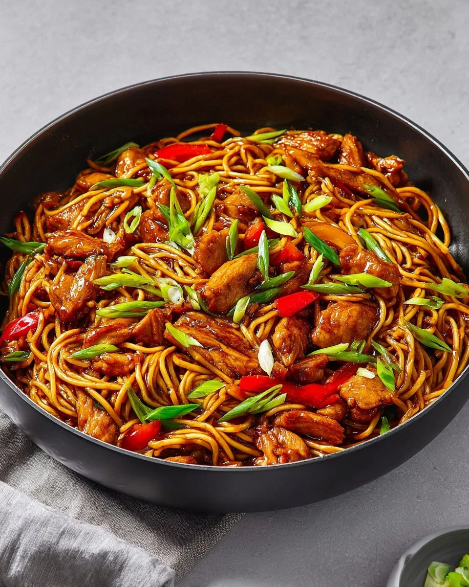 Hoisin chicken served with noodles in a vibrant dish