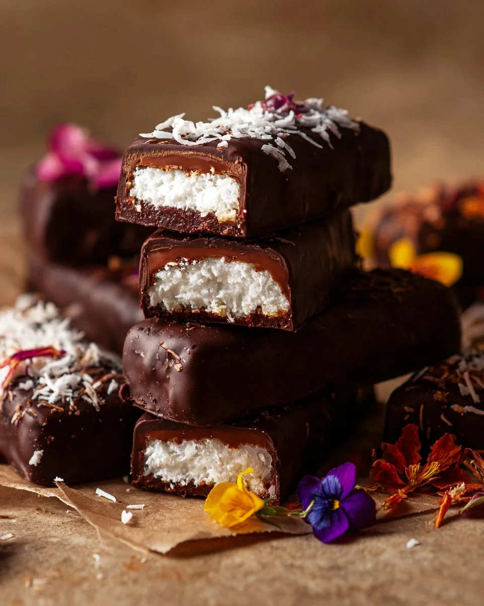Homemade Bounty Bars made with chocolate and coconut