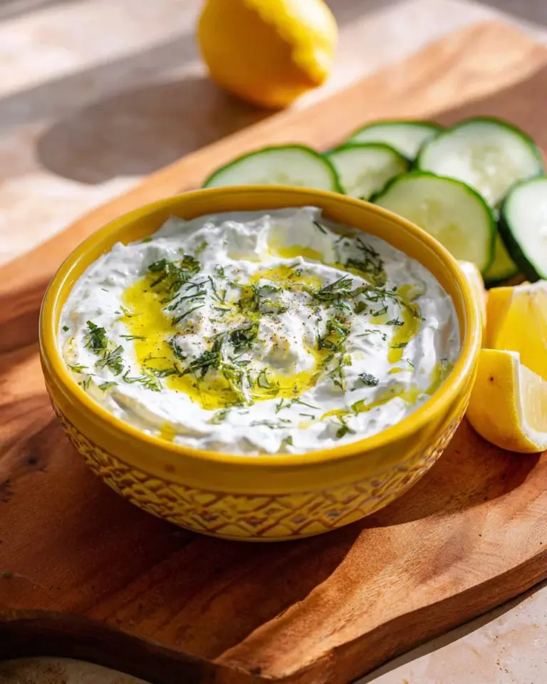 Bowl of homemade tzatziki made with yogurt, cucumbers, and garlic.