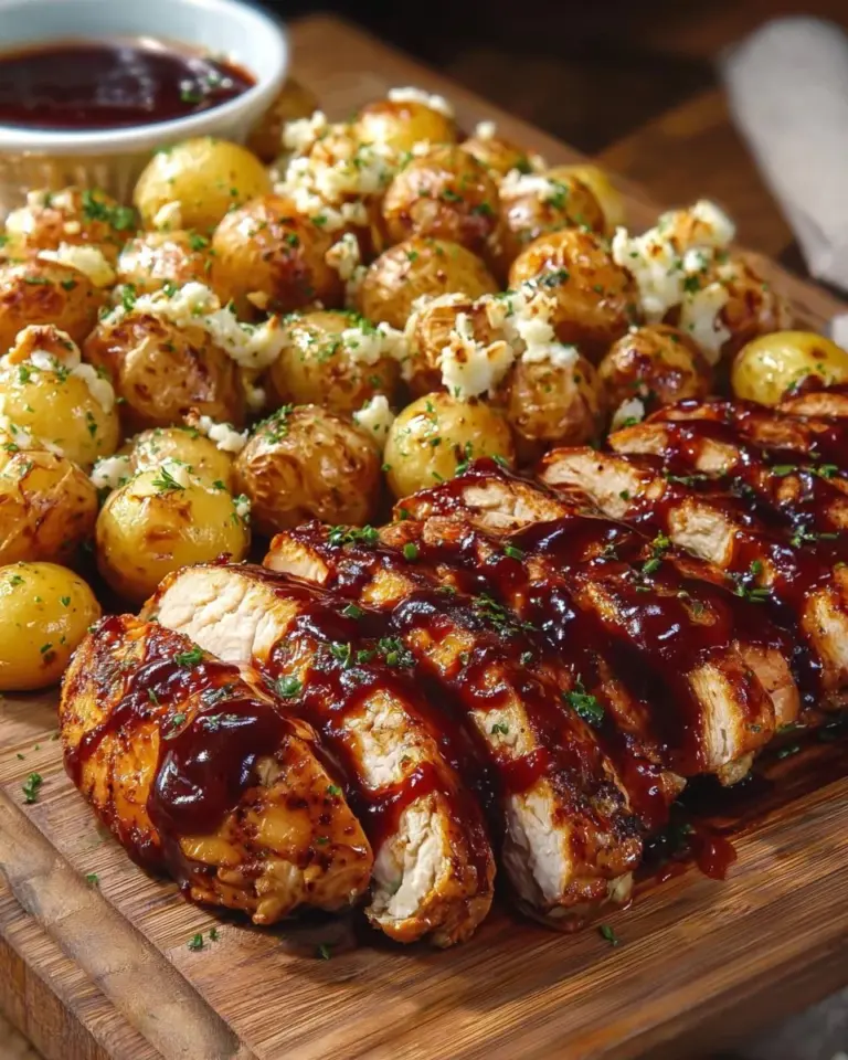 Honey BBQ Chicken with Garlic Parmesan Potatoes in a delicious meal presentation