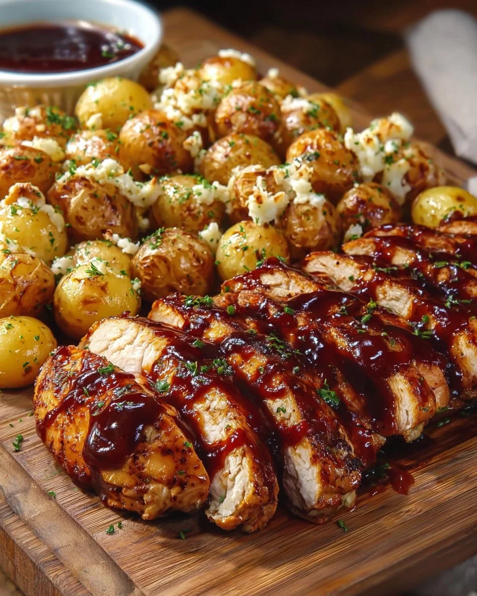 Honey BBQ Chicken with Garlic Parmesan Potatoes in a delicious meal presentation