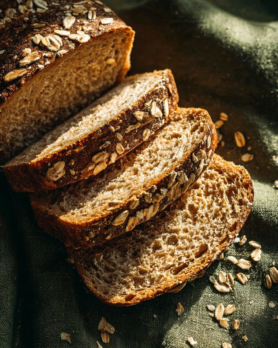 Freshly baked Honey Oat Bread loaf with oats on top, ideal for healthy meals.