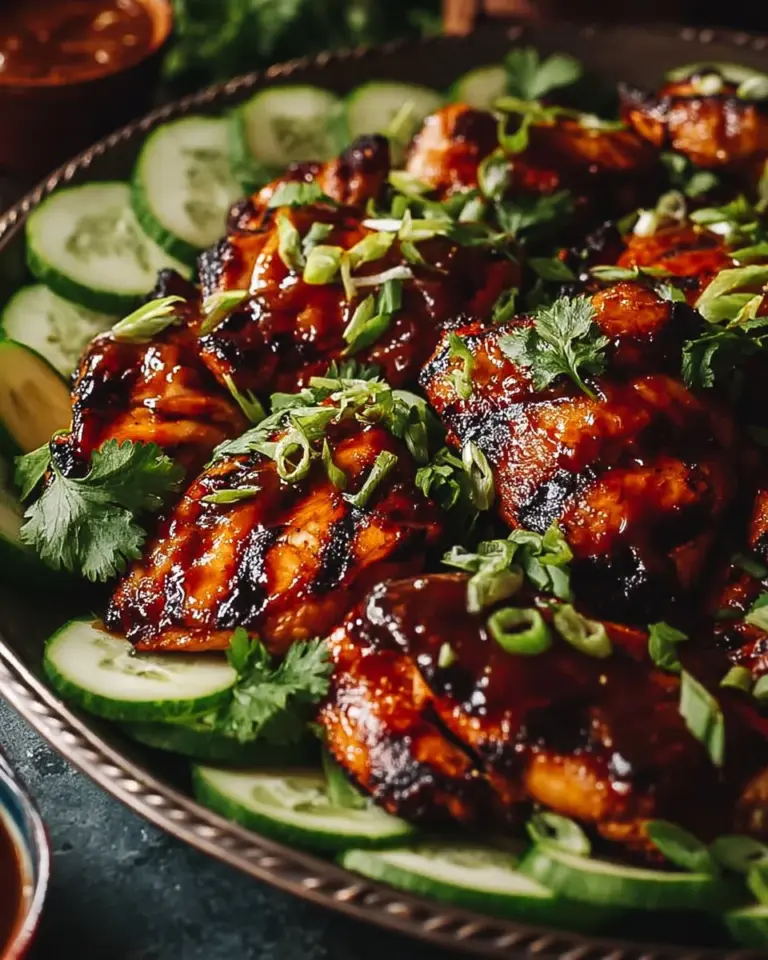 Plate of Honey Sriracha Chicken garnished with sesame seeds and green onions