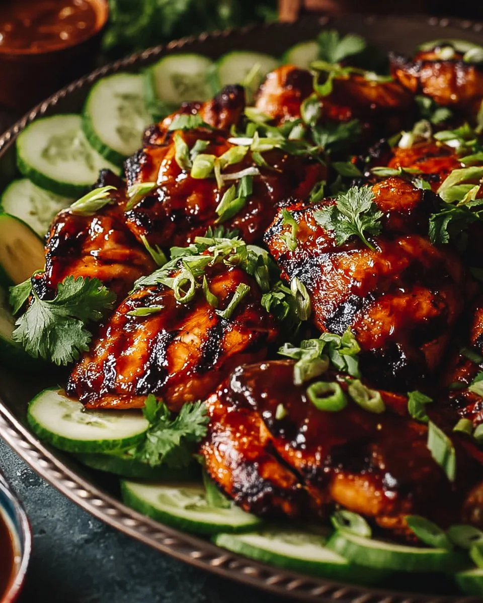 Plate of Honey Sriracha Chicken garnished with sesame seeds and green onions