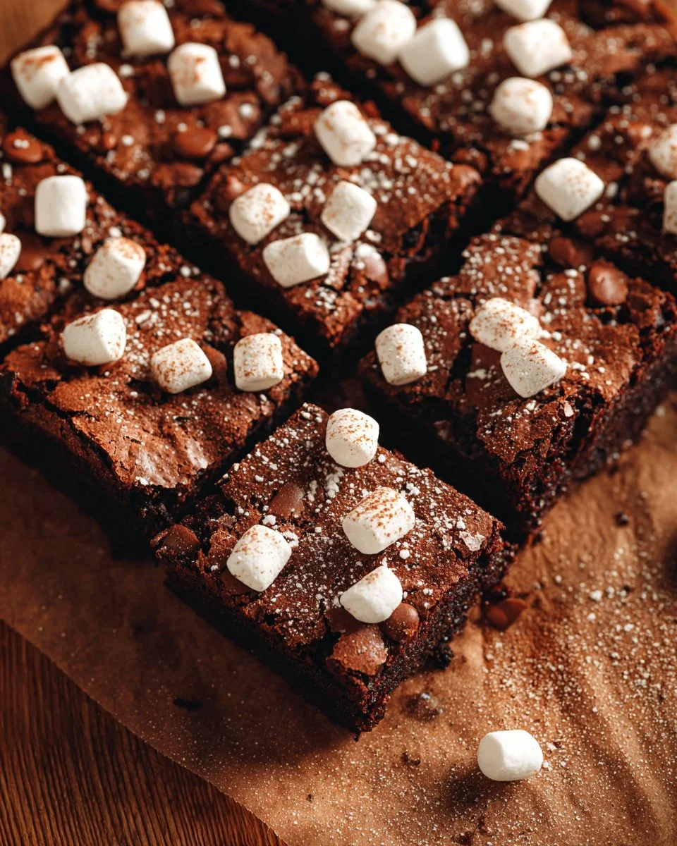 Delicious hot chocolate brownies topped with chocolate drizzle on a plate