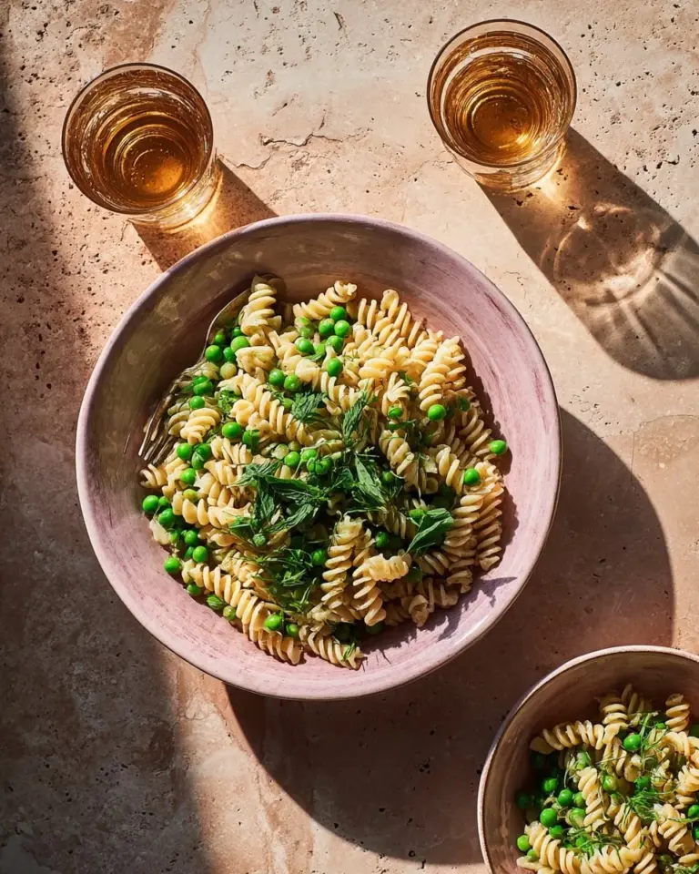 Bowl of creamy hummus pasta topped with fresh herbs and vegetables