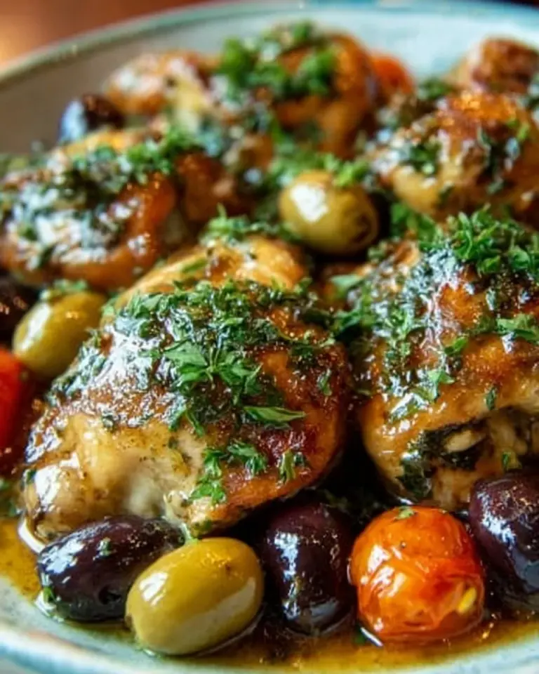 A plate of Ina Garten's Chicken Marbella with olives and prunes garnished with herbs.