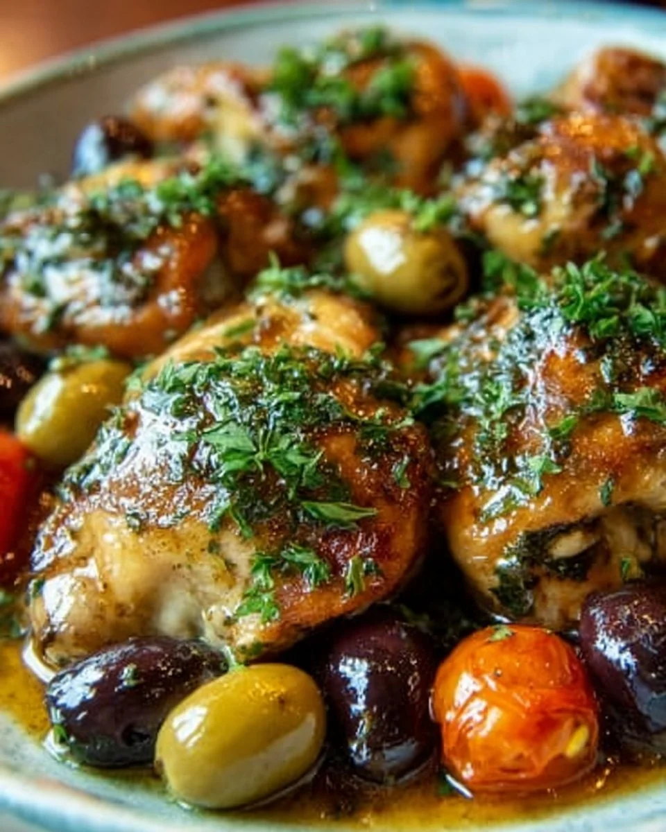 A plate of Ina Garten's Chicken Marbella with olives and prunes garnished with herbs.