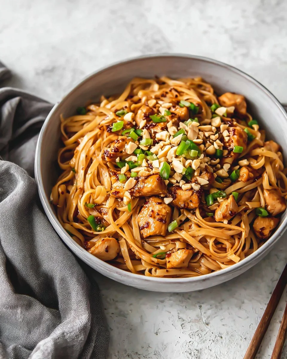 Delicious Kung Pao Chicken Noodles garnished with peanuts and vegetables