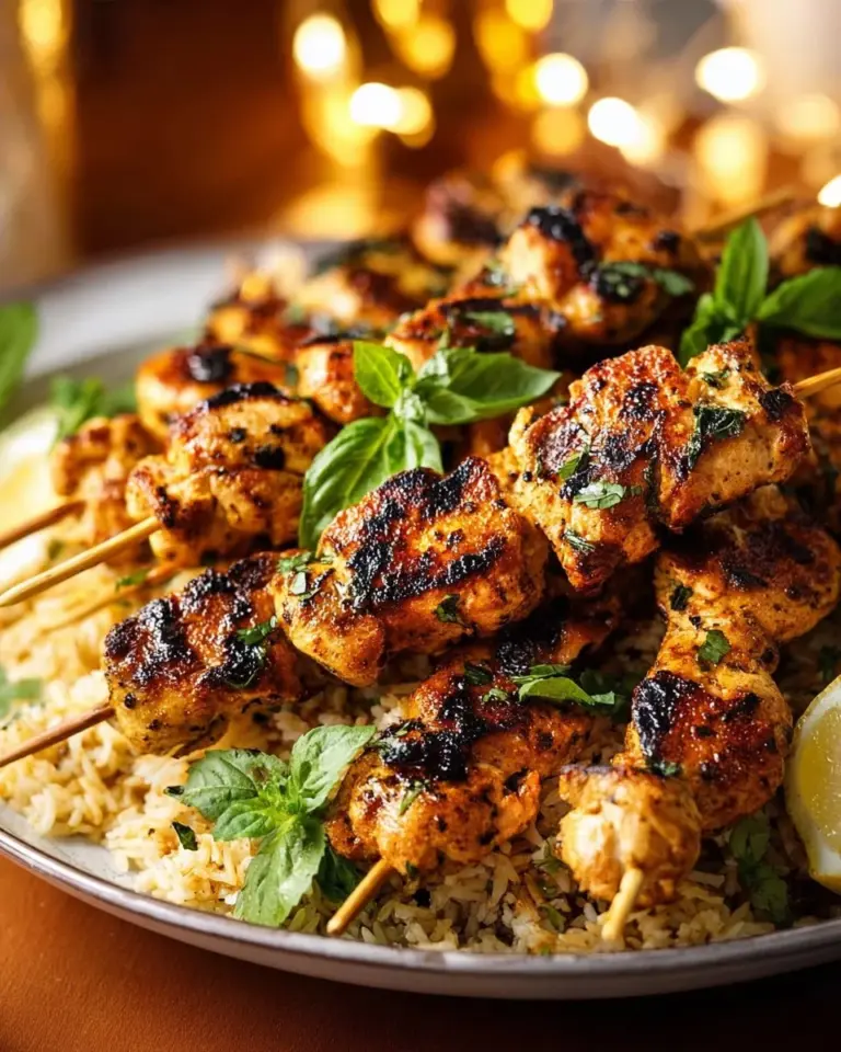 Grilled Lemon Basil Chicken Kebabs served on a plate with fresh herbs.