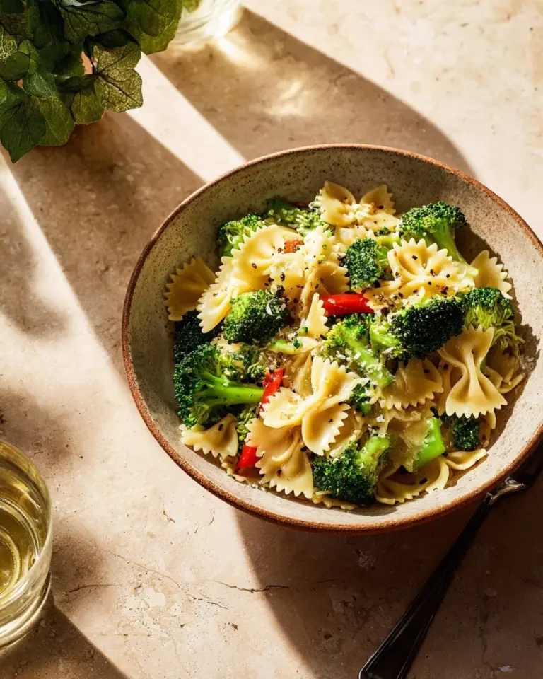 Delicious Lemon Broccoli Pasta dish garnished with fresh herbs and lemon zest.