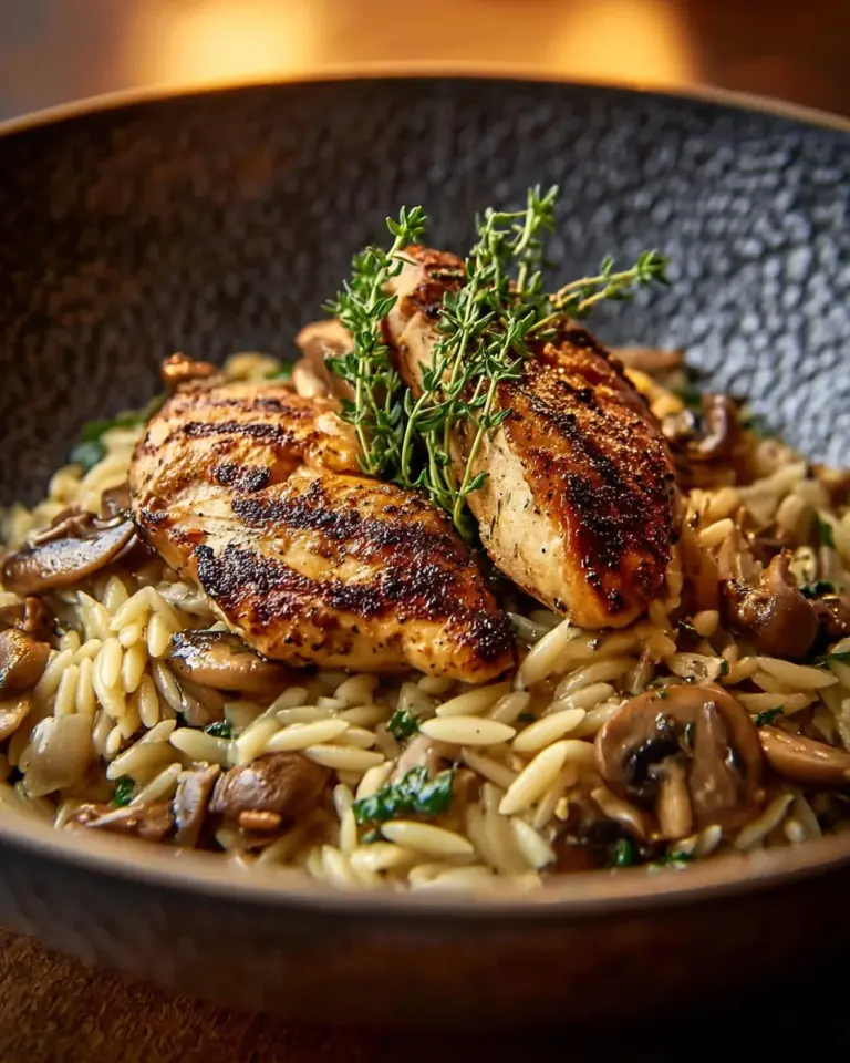 Delicious Marsala Chicken Orzo featuring juicy chicken in Marsala sauce with orzo pasta.