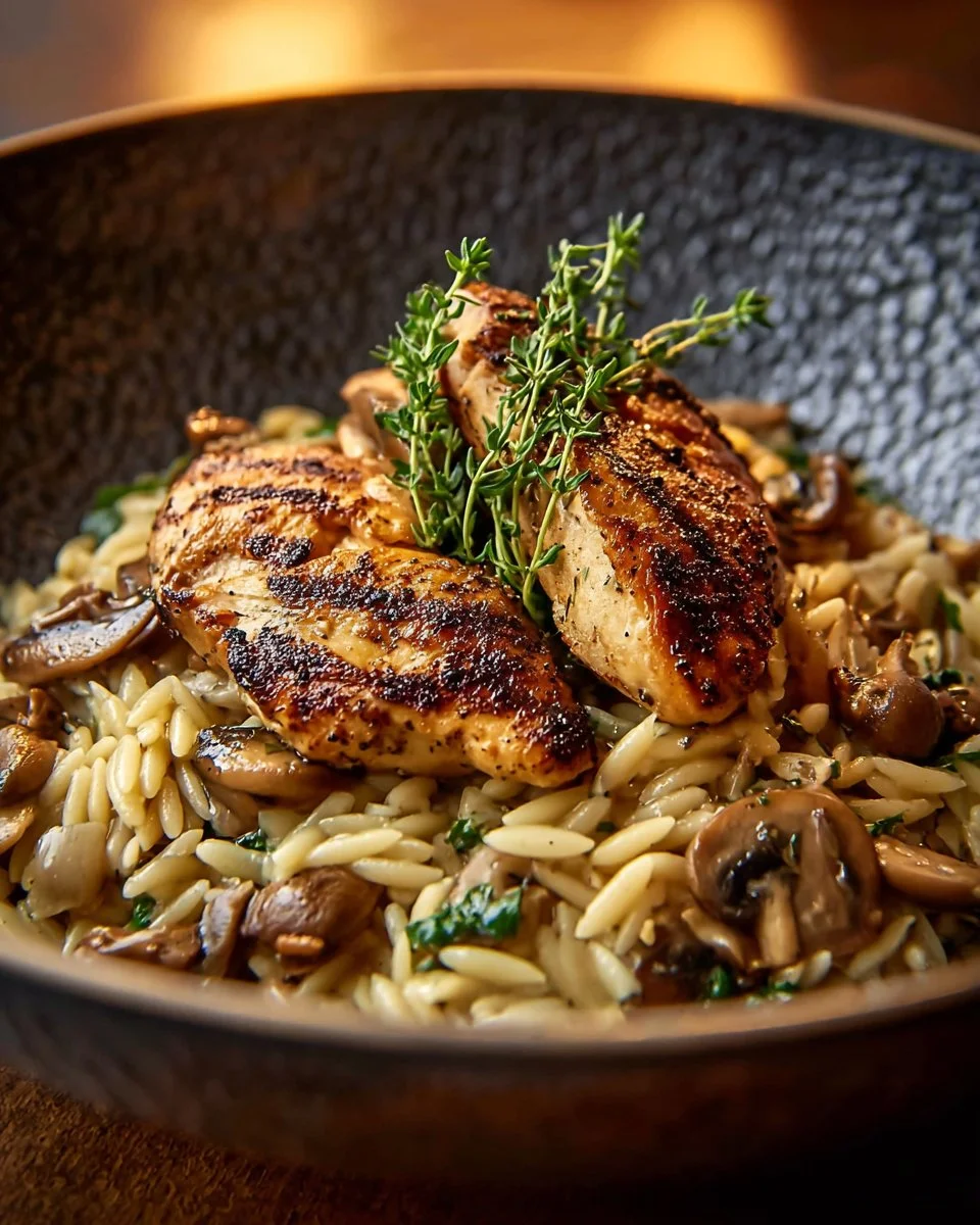 Delicious Marsala Chicken Orzo featuring juicy chicken in Marsala sauce with orzo pasta.