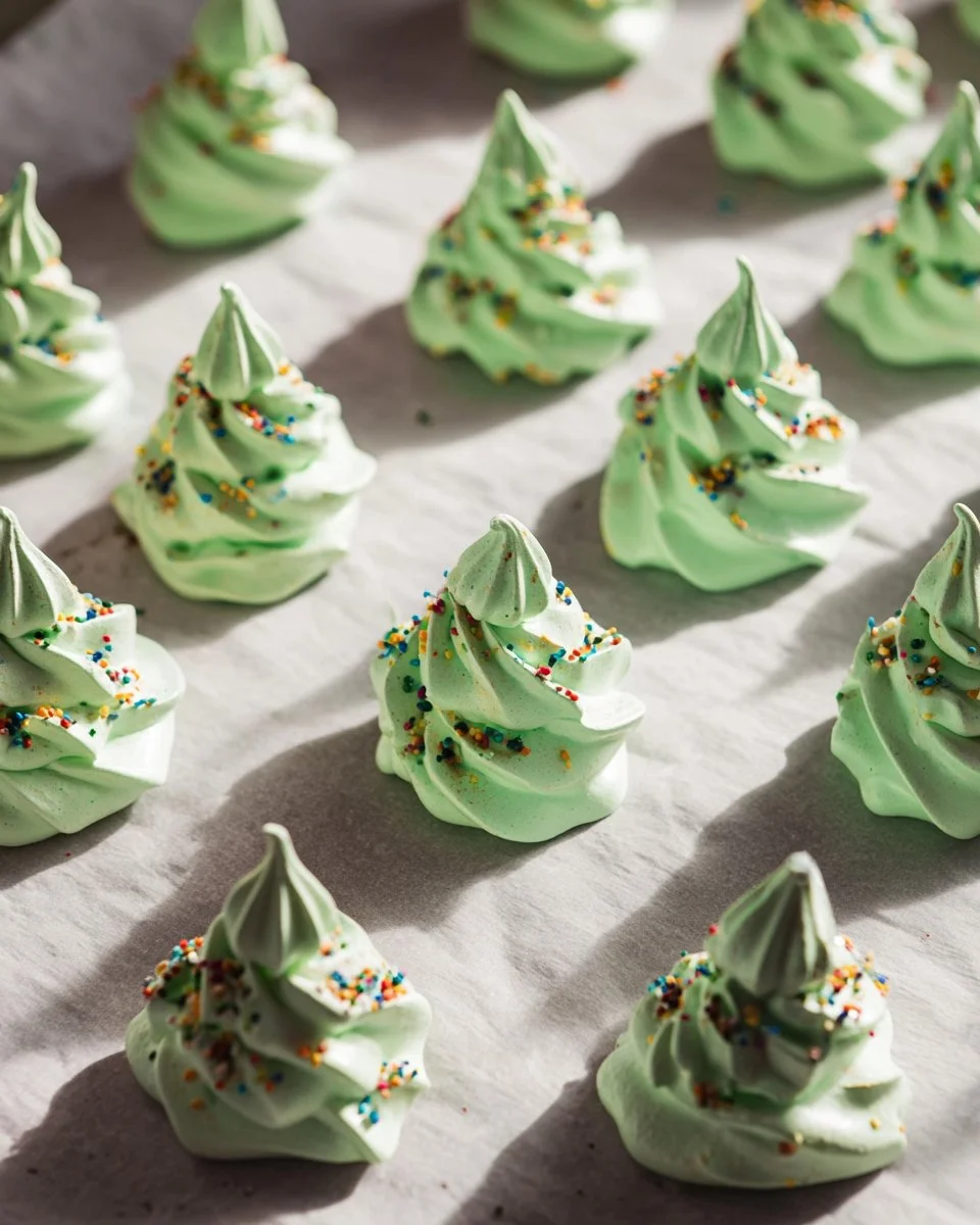 Festively decorated meringue Christmas trees on a white platter