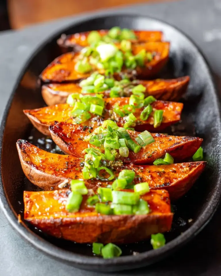 Oven-baked miso sweet potatoes garnished with herbs