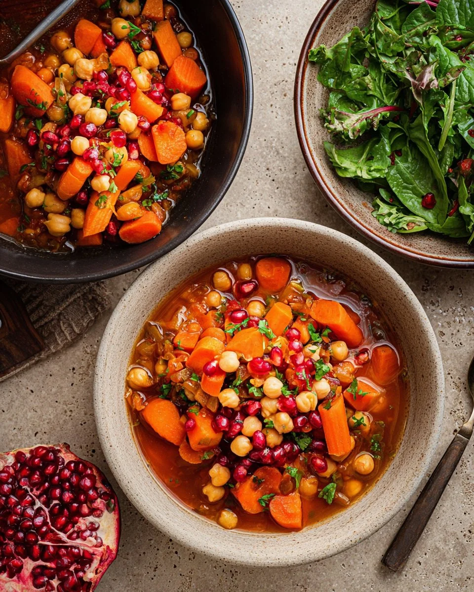 Bowl of Moroccan spiced carrot chickpea stew with fresh herbs and spices