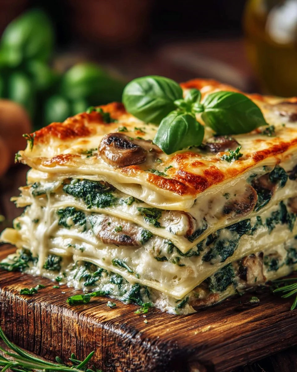 Mushroom Spinach Lasagna baked with layers of pasta, mushrooms, and spinach