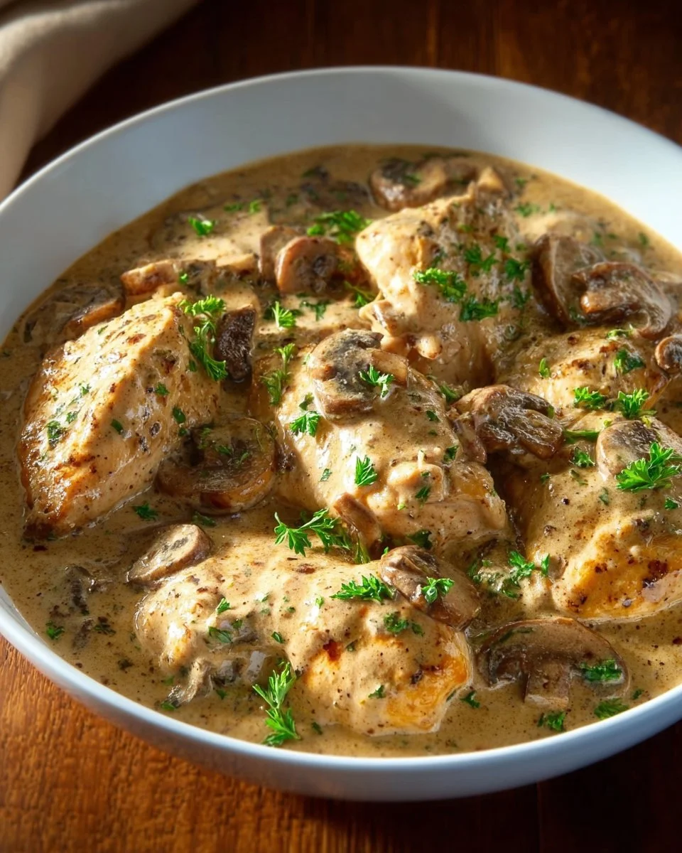 Delicious Mushroom Asiago Chicken served with a side of vegetables