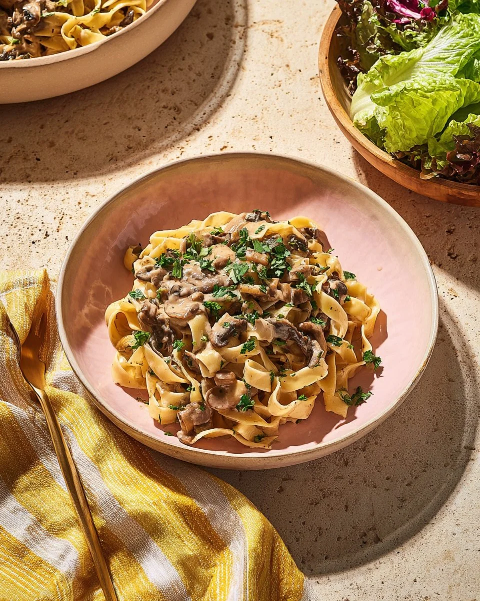Delicious Mushroom Stroganoff served in a rustic bowl