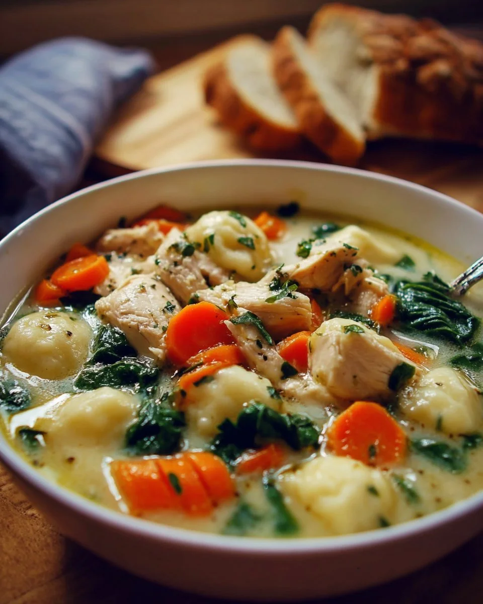 Bowl of Olive Garden Chicken Gnocchi Soup with chicken, gnocchi, and creamy broth.