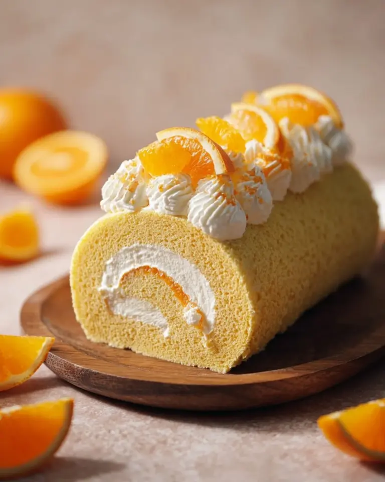Delicious orange swiss roll dessert with zesty cream filling