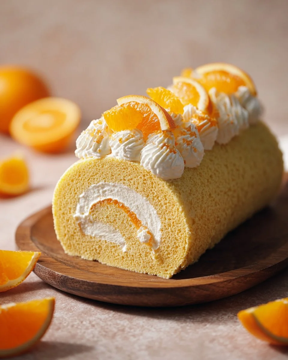 Delicious orange swiss roll dessert with zesty cream filling